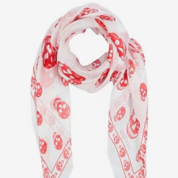 Alexander McQueen Skull Silk Scarf White Red - Picture 2 of 7